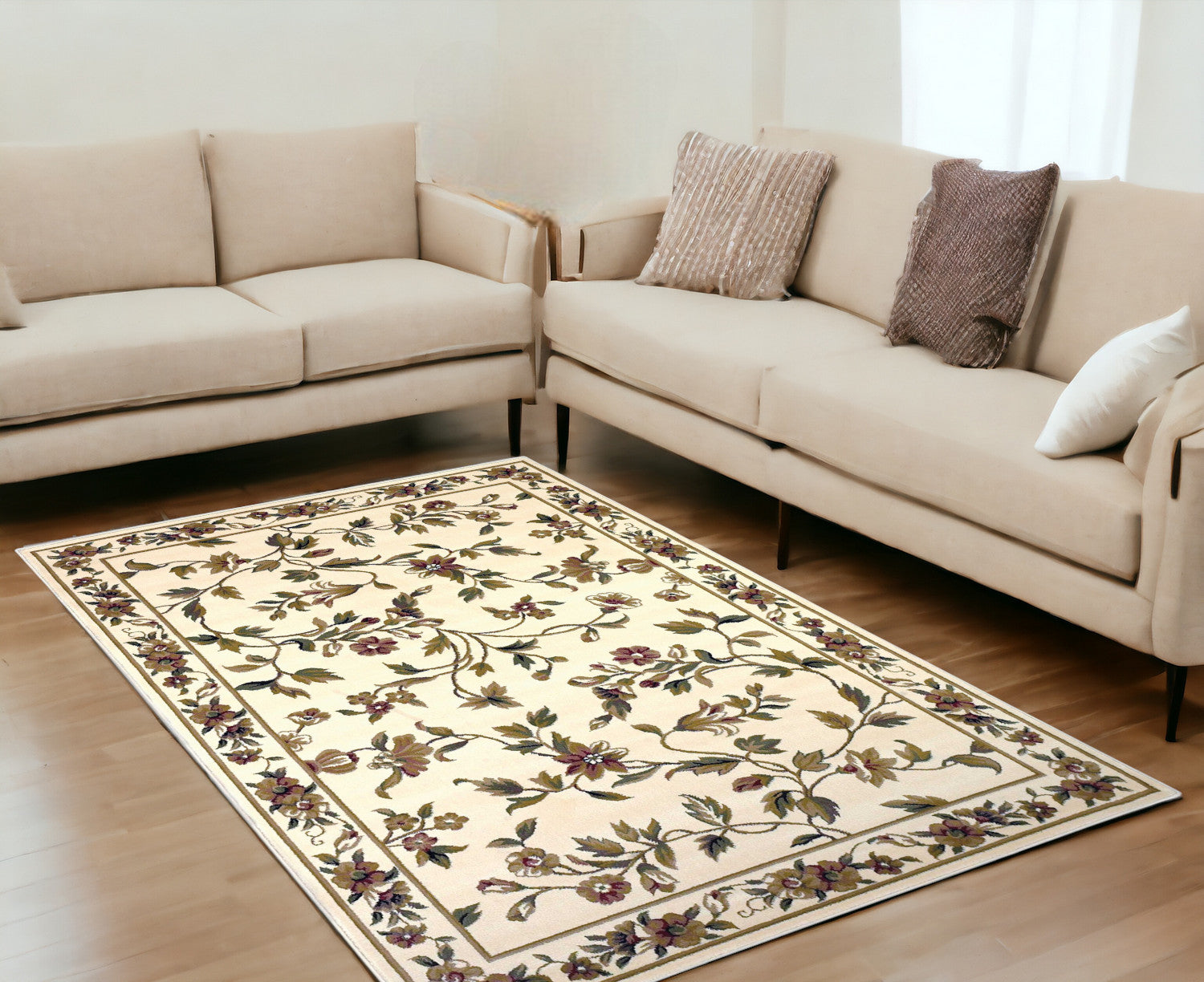 10'X13' Ivory Machine Woven Floral Vines Indoor Area Rug