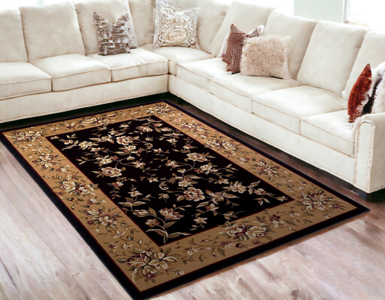 Black And Beige Octagon Floral Vines Area Rug