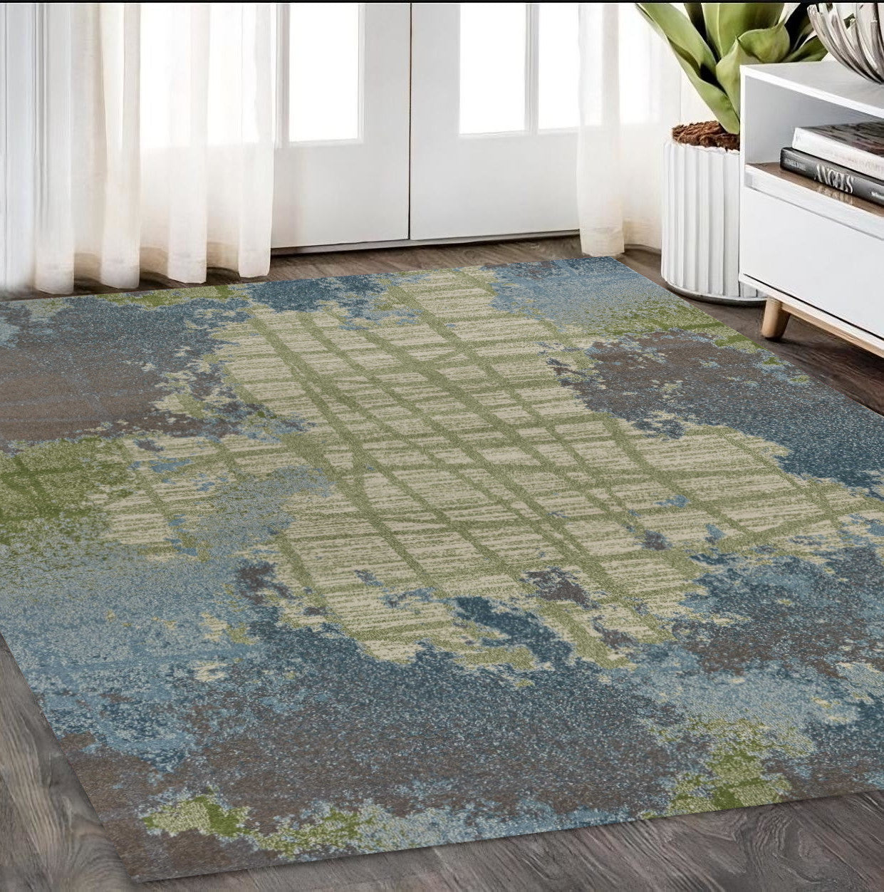 8'X11' Green Blue Machine Woven Abstract Indoor Area Rug