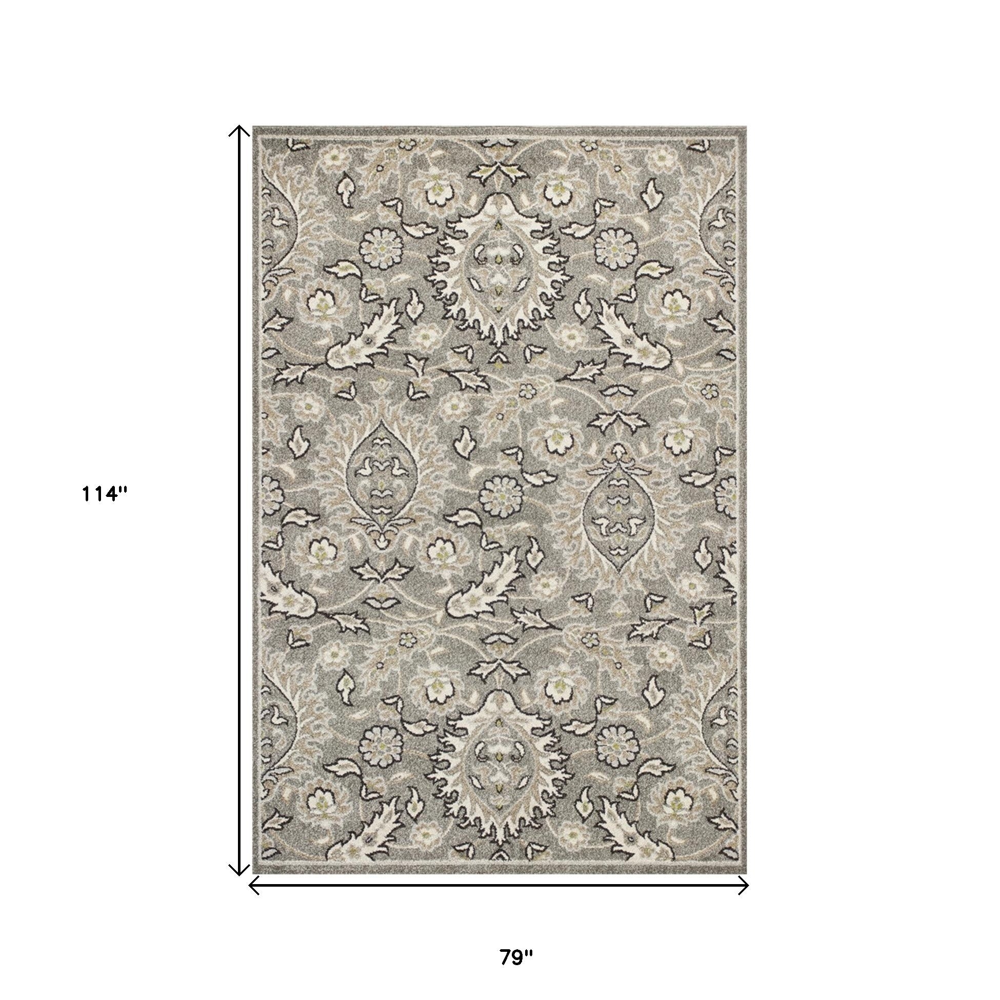 7' X 9' Grey Floral Vine Uv Treated Indoor Area Rug