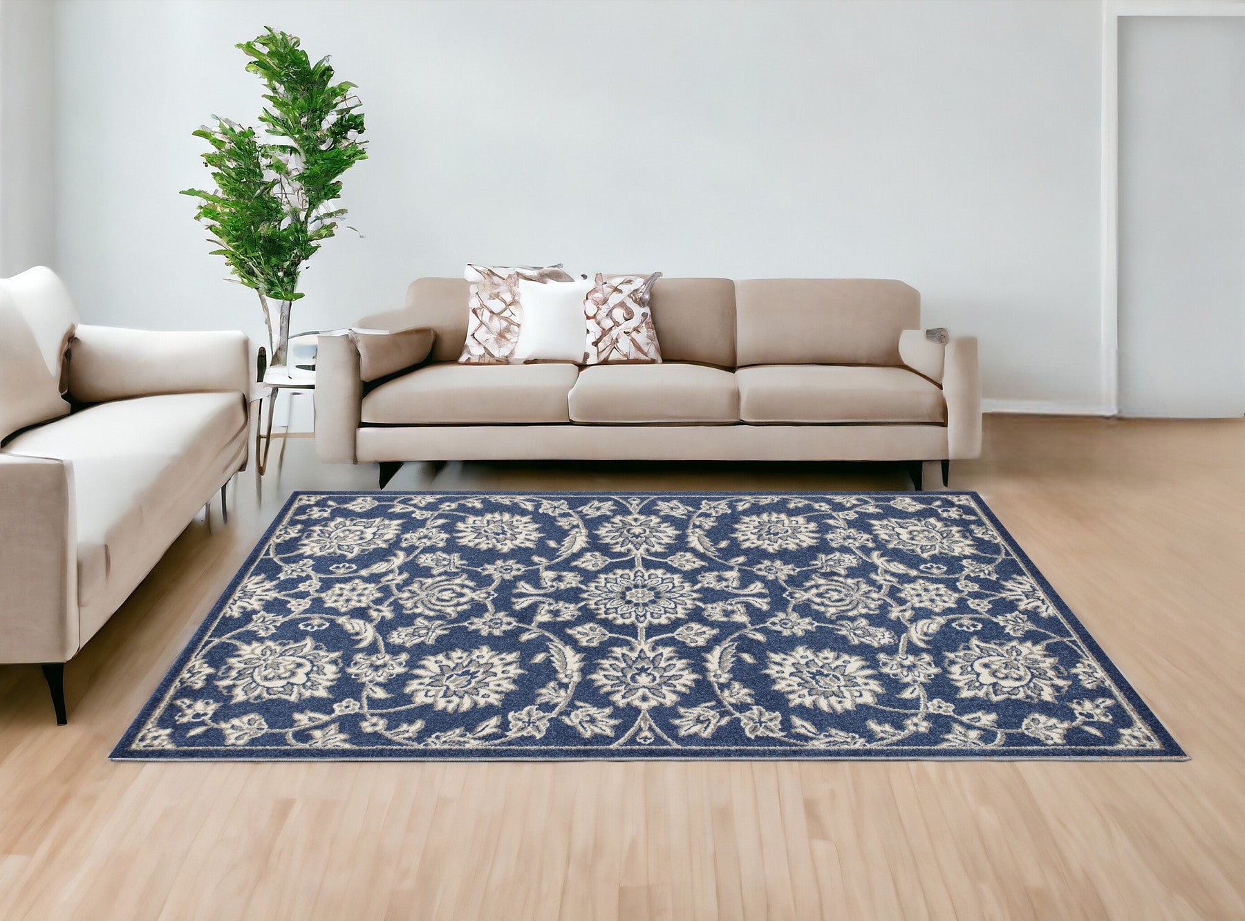 7' X 9' Denim Floral Vine Uv Treated Indoor Area Rug