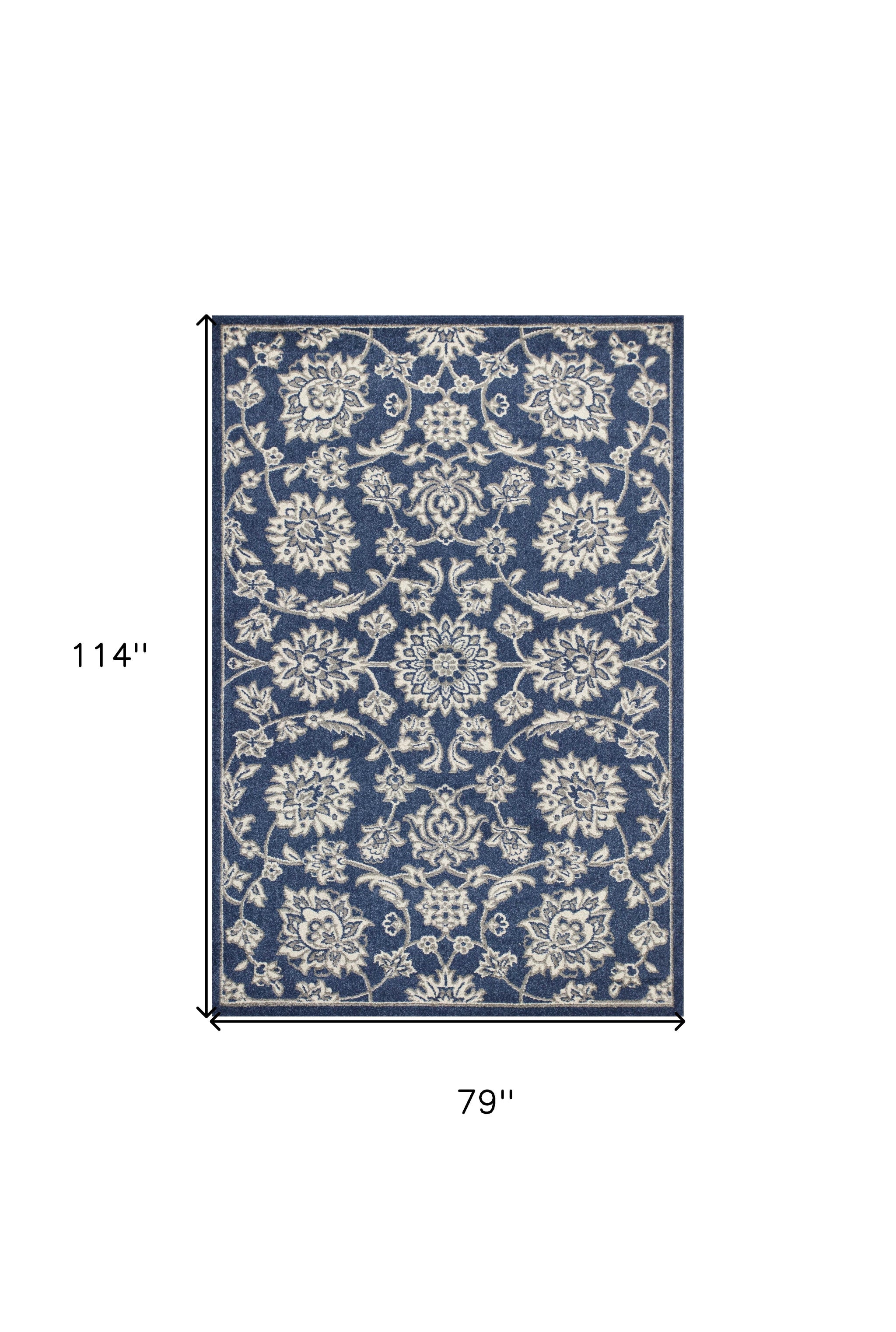 7' X 9' Denim Floral Vine Uv Treated Indoor Area Rug