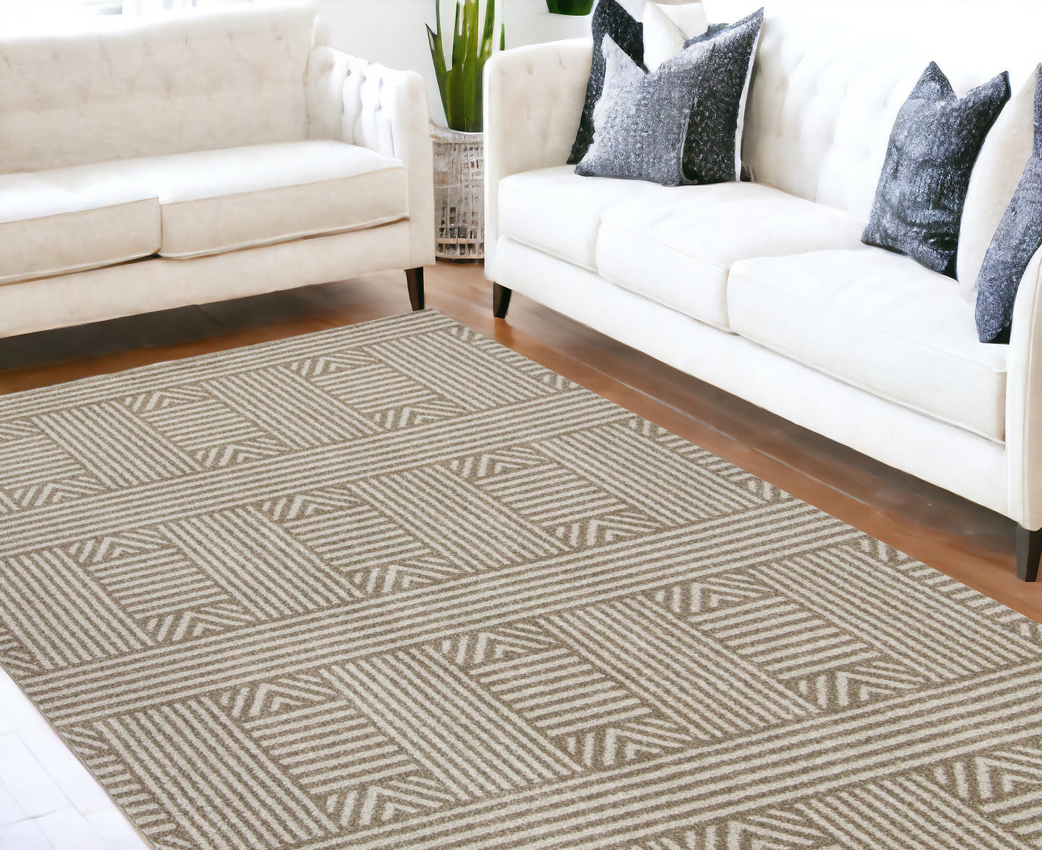 7' X 9' Beige Geometric Lines Uv Treated Indoor Area Rug