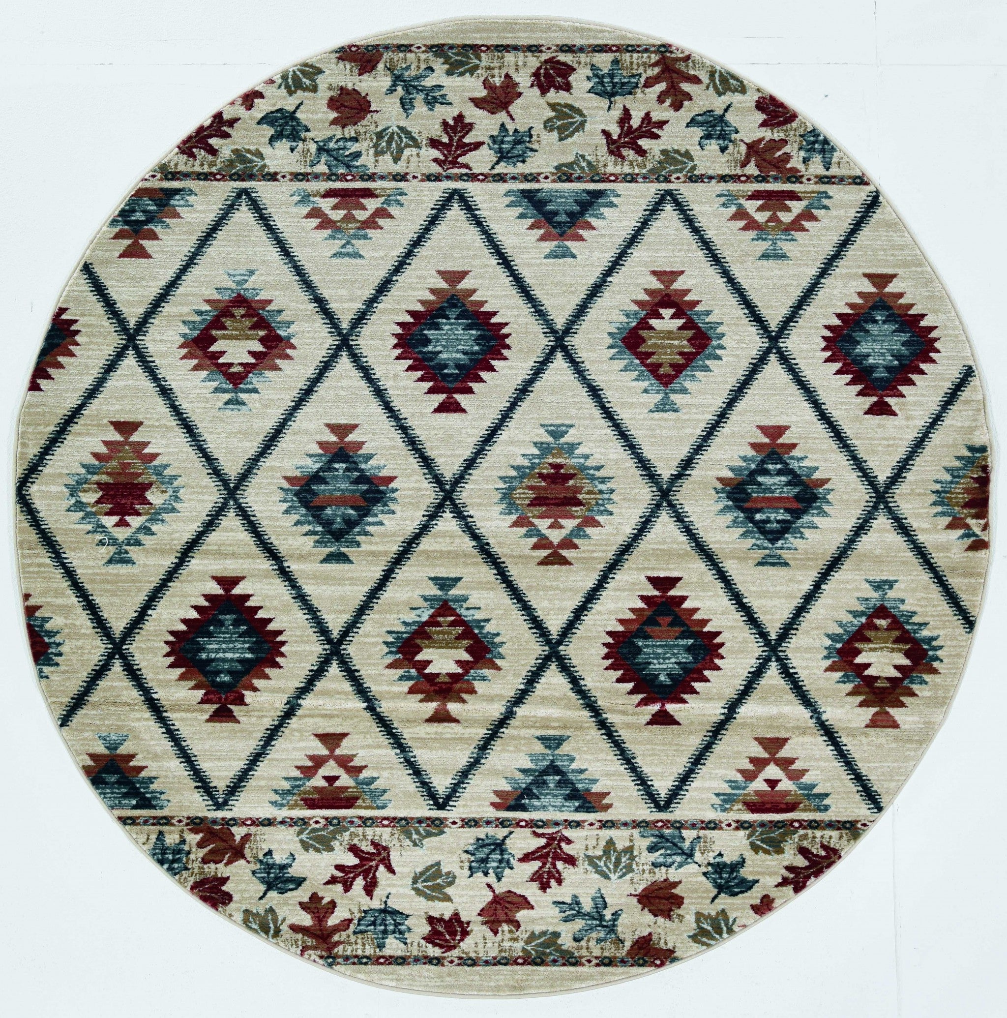 8' Ivory Machine Woven Geometric Lodge Round Indoor Area Rug