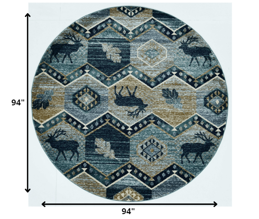 8' Blue And Green Round Geometric Area Rug