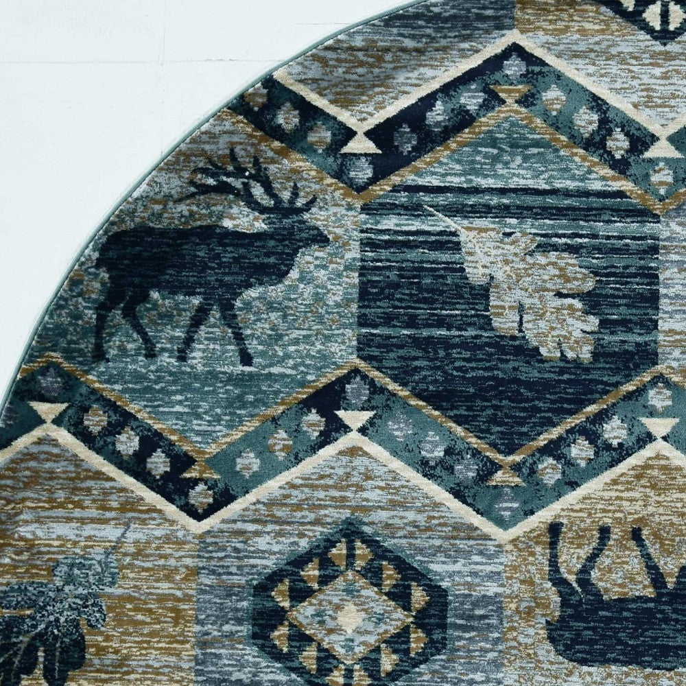 8' Blue And Green Round Geometric Area Rug