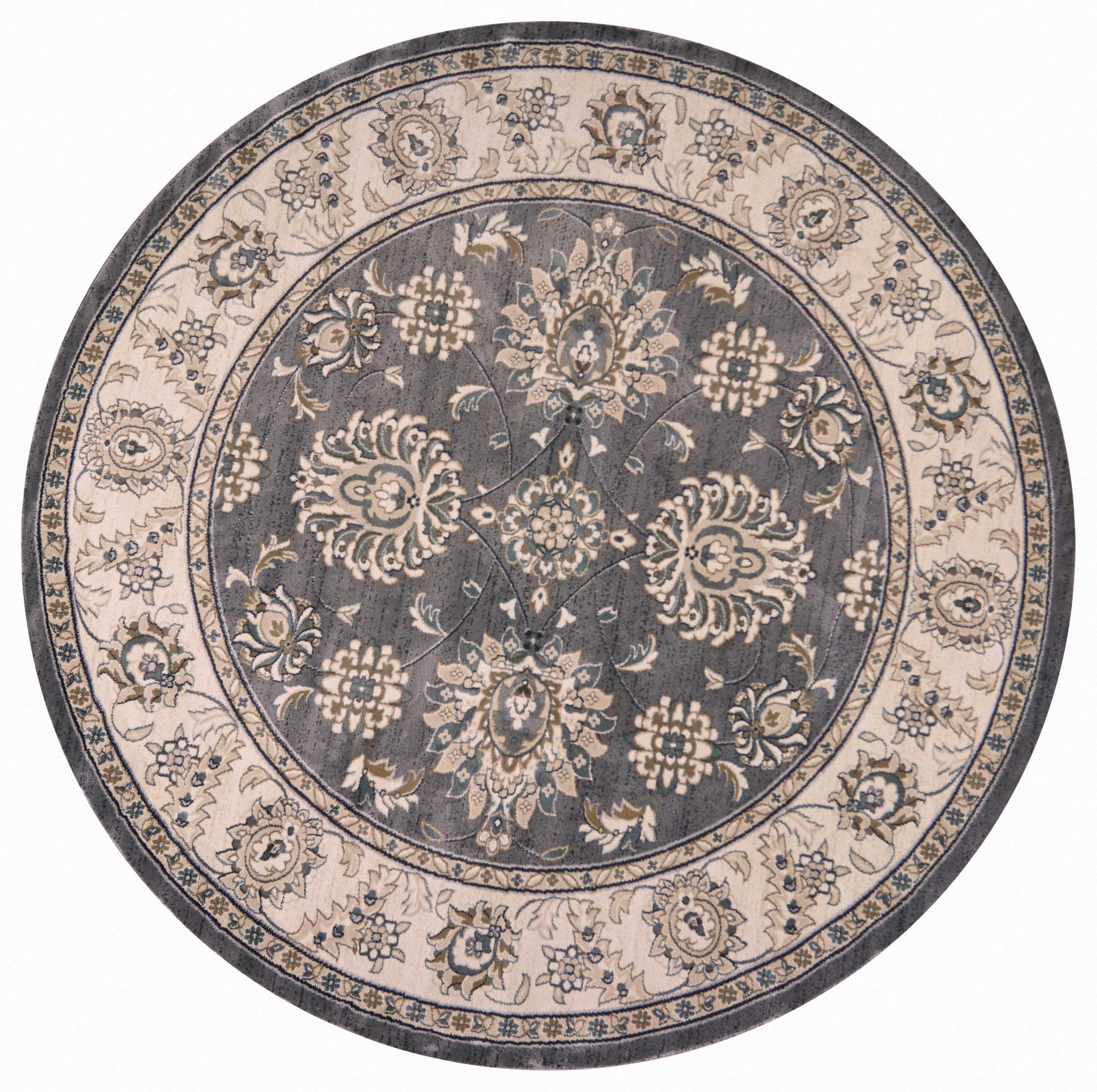 8' Gray And Ivory Round Floral Area Rug