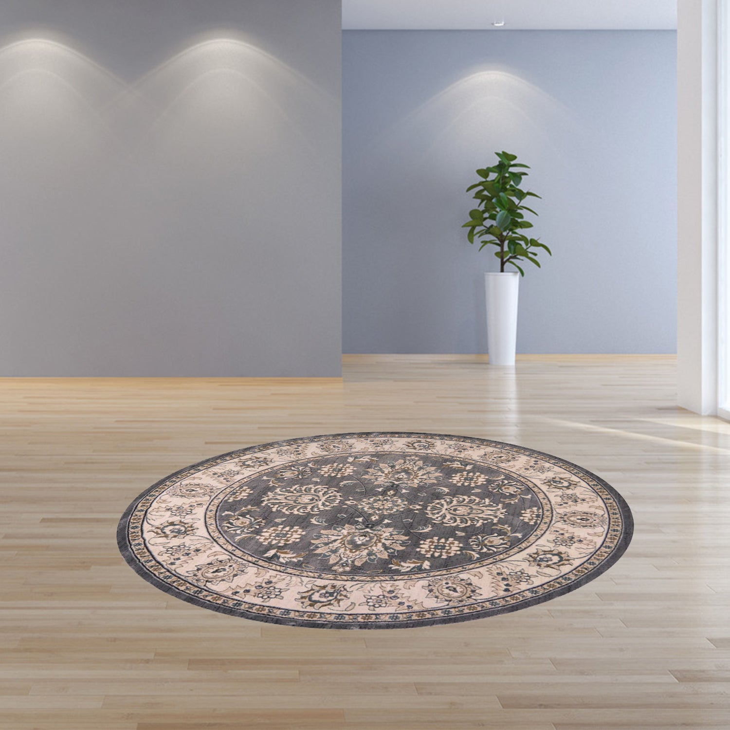 8' Gray And Ivory Round Floral Area Rug