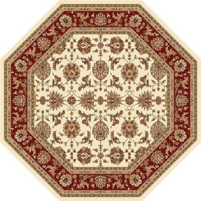 8' Ivory And Red Octagon Floral Vines Area Rug