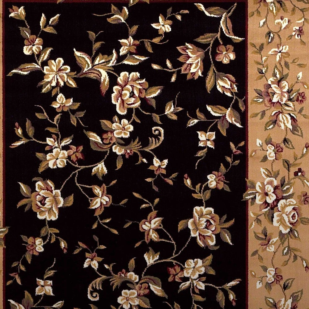 Black And Beige Octagon Floral Vines Area Rug