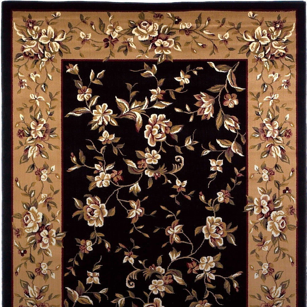 Black And Beige Octagon Floral Vines Area Rug