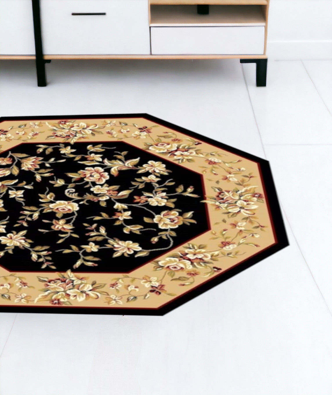 Black And Beige Octagon Floral Vines Area Rug