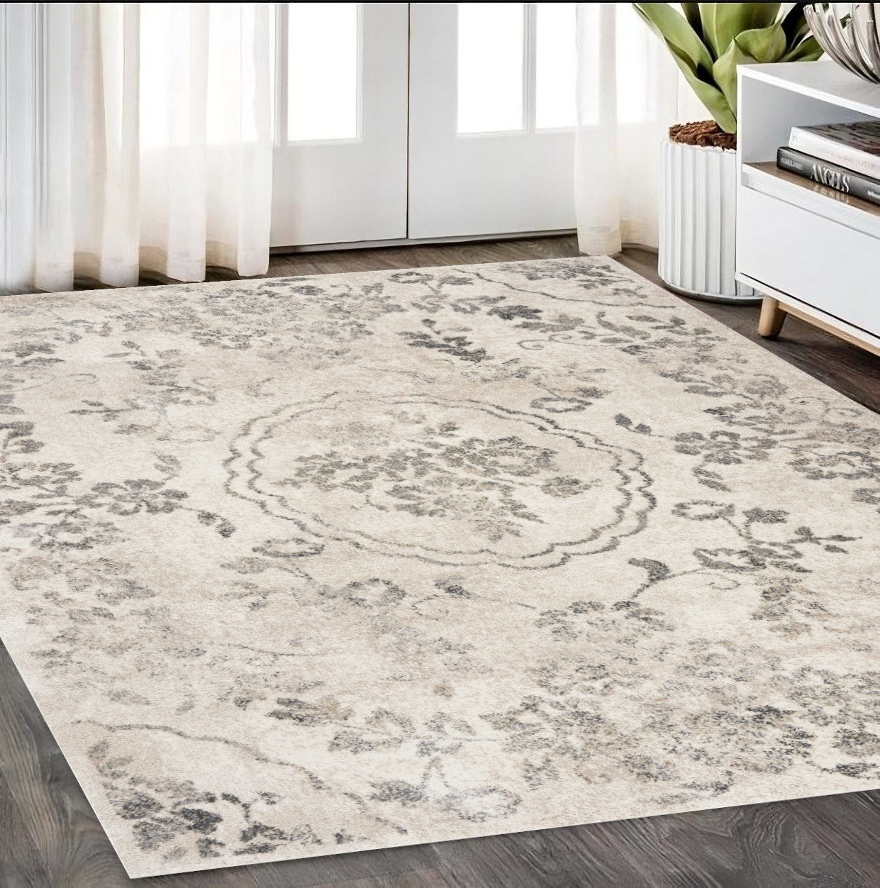 8'X10' Grey Machine Woven Distressed Floral Traditional Indoor Area Rug