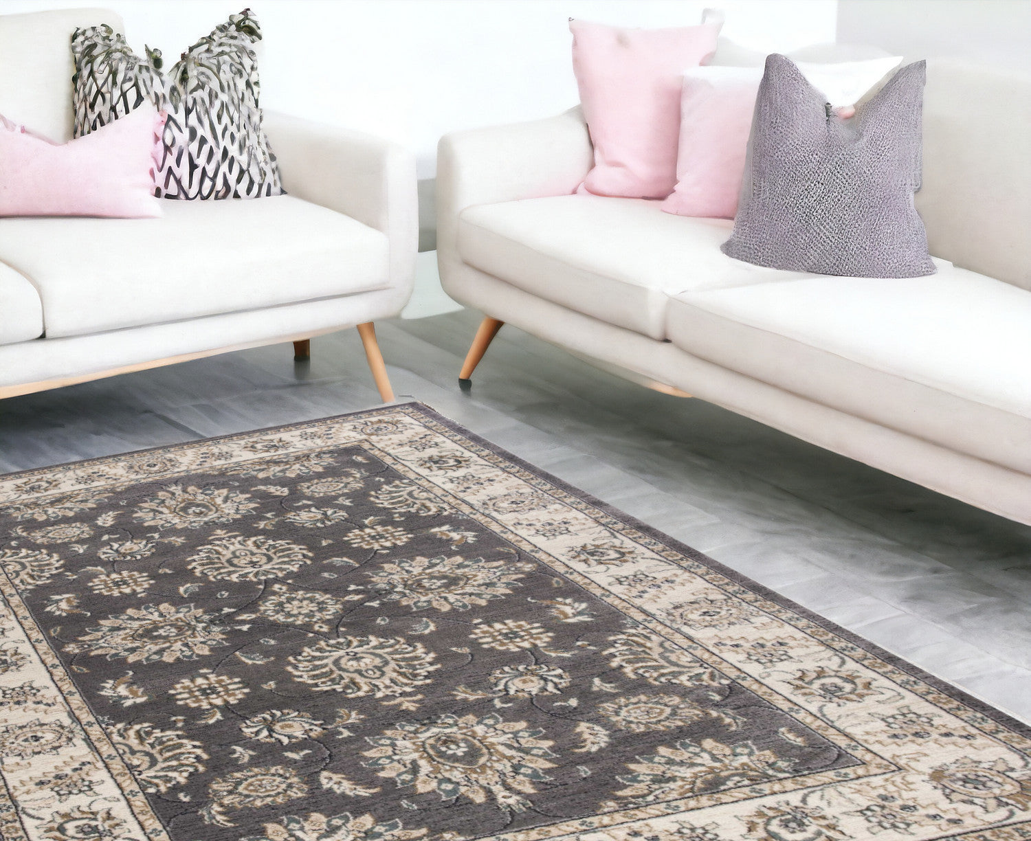 5' X 8' Grey Or Ivory Floral Vines Bordered Area Rug