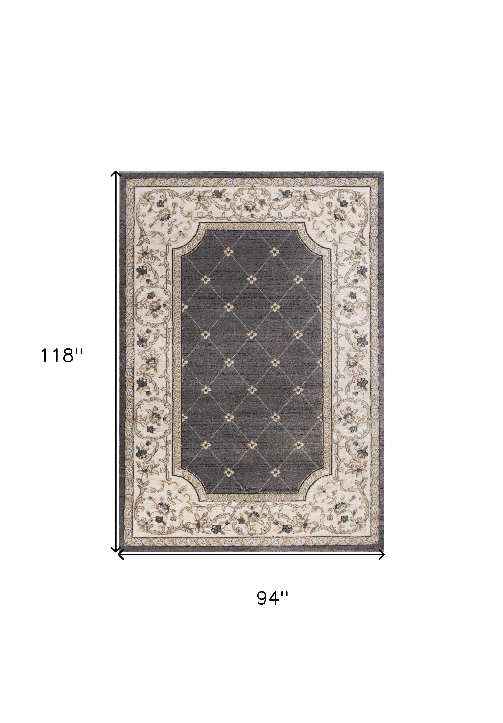 8' Grey Ivory Bordered Floral Indoor Runner Rug