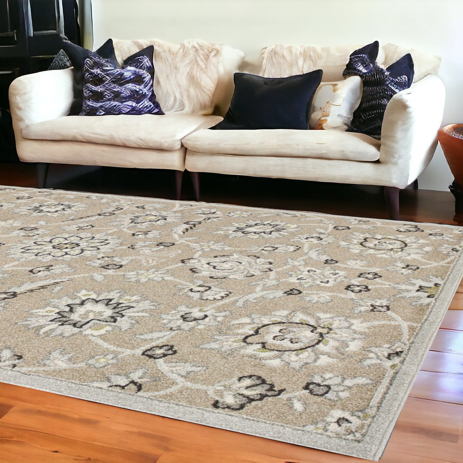 7' X 11' Beige Or Grey Floral Vines Uv Treated Indoor Area Rug