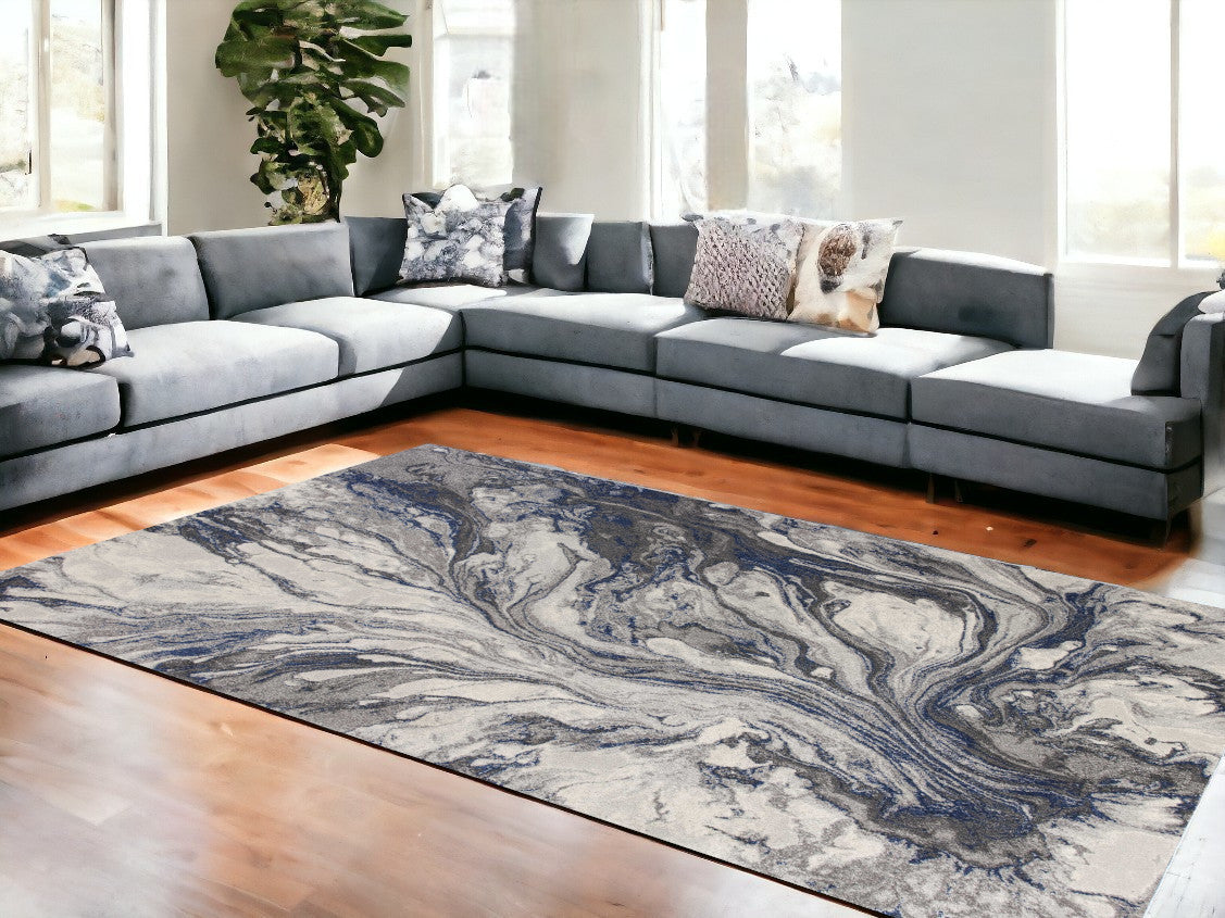 8'X11' Grey Machine Woven Abstract Watercolor Indoor Area Rug