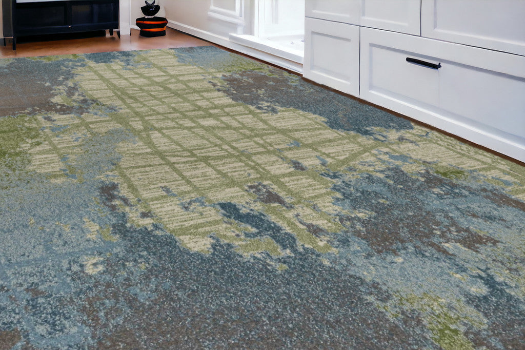 8'X11' Green Blue Machine Woven Abstract Indoor Area Rug