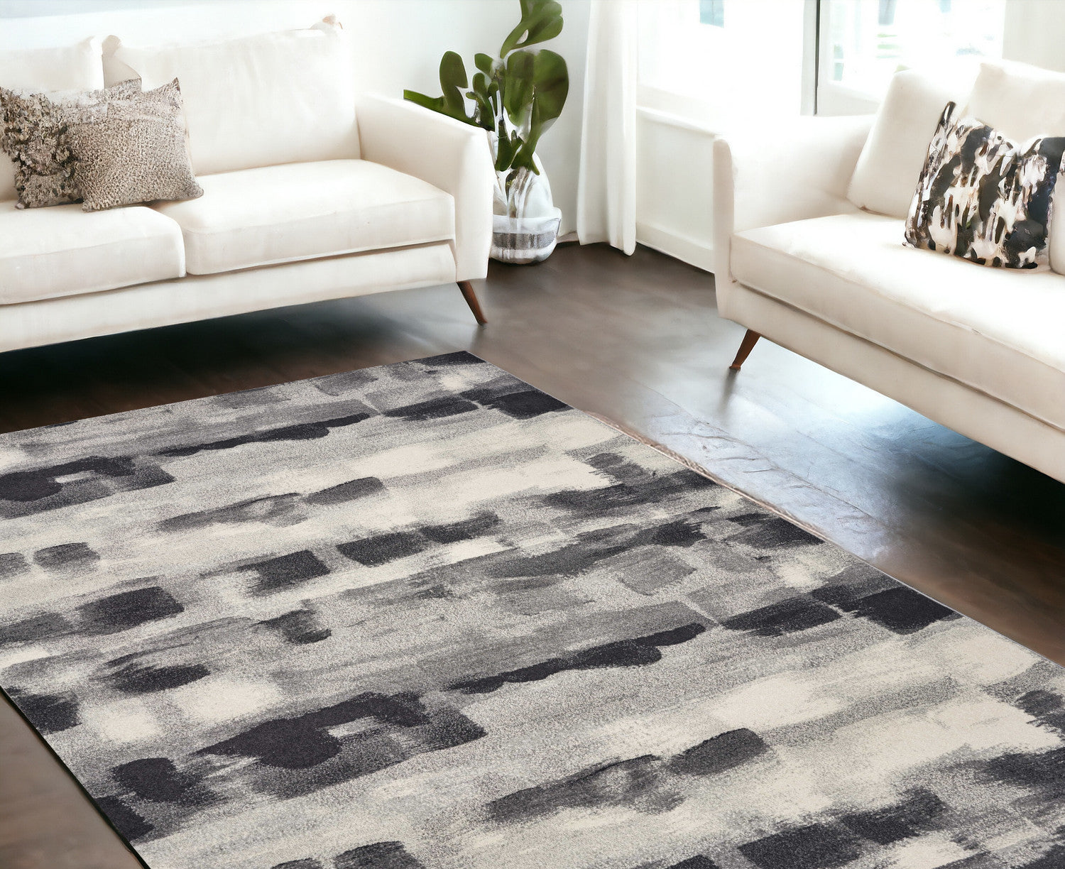 10'X13' Shades Of Grey Machine Woven Abstract Brushstroke Indoor Area Rug