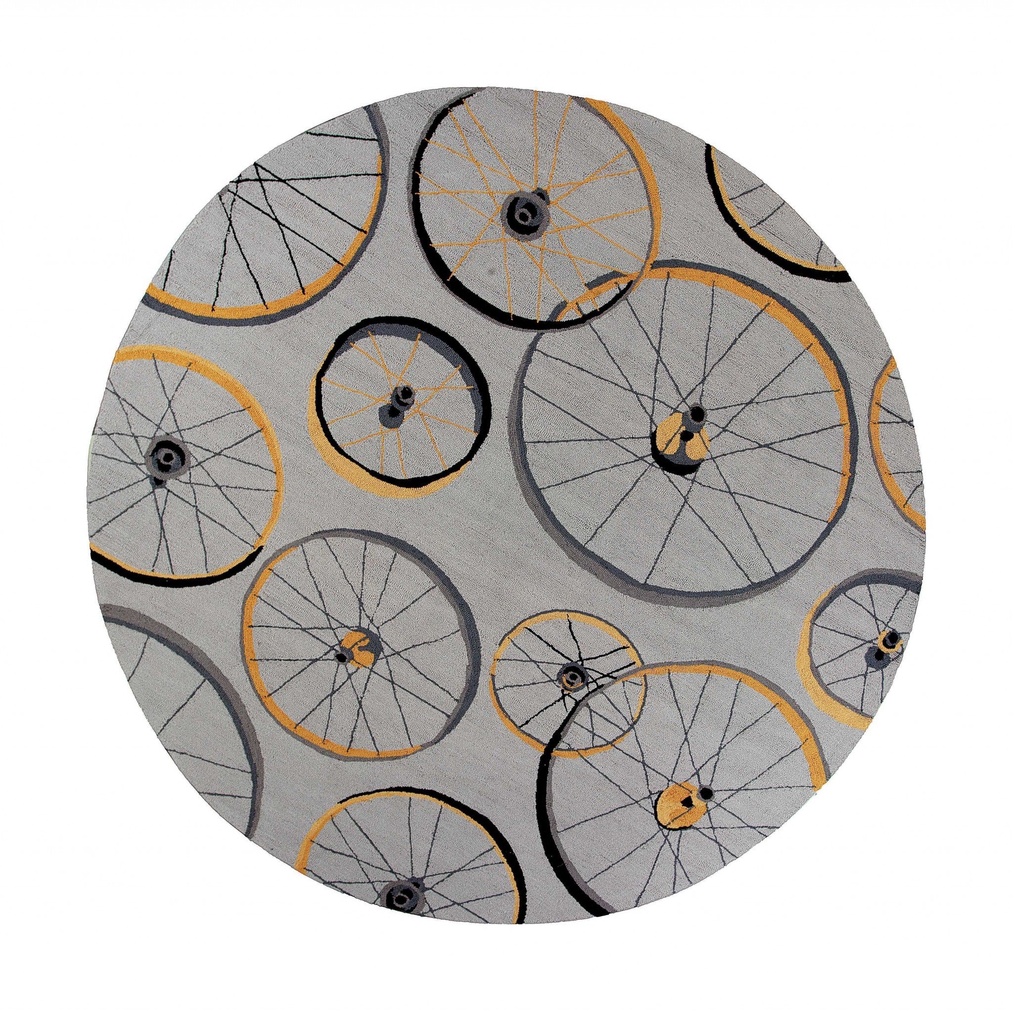 5'X8' Grey Hand Hooked Wheels Indoor Area Rug