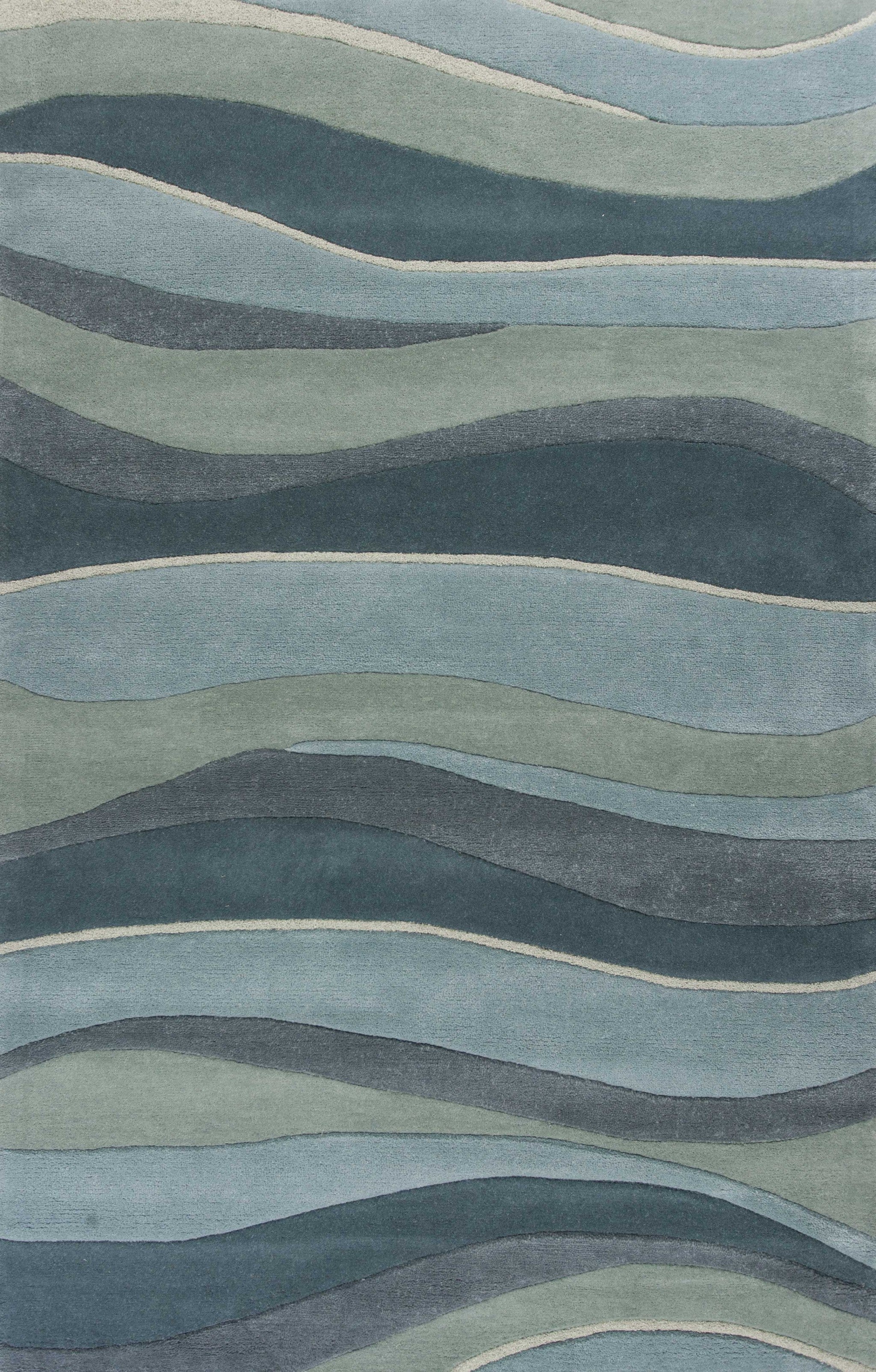 5'X8' Ocean Blue Teal Hand Tufted Abstract Waves Indoor Area Rug