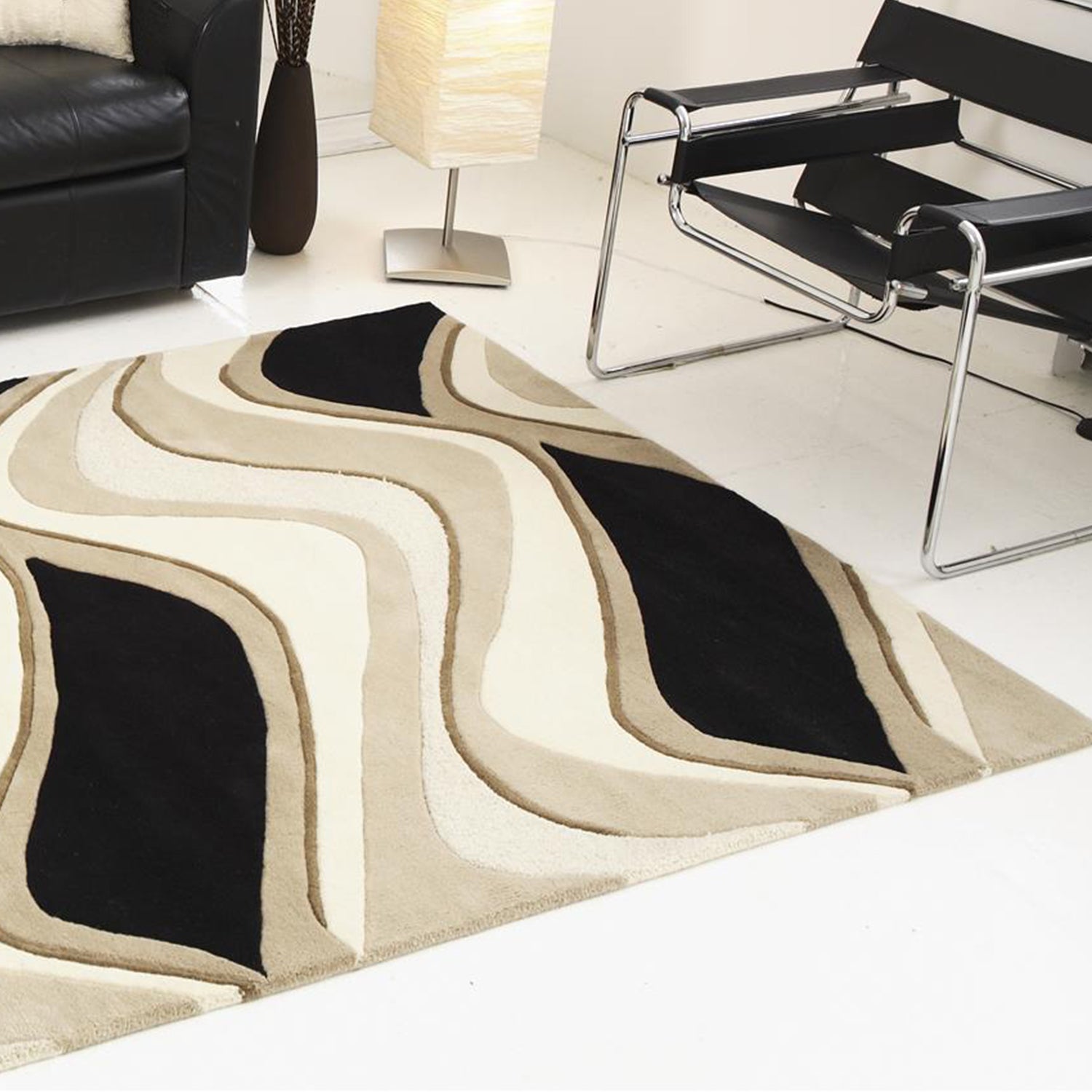 3' X 5' Black Or Beige Abstract Waves Wool Area Rug