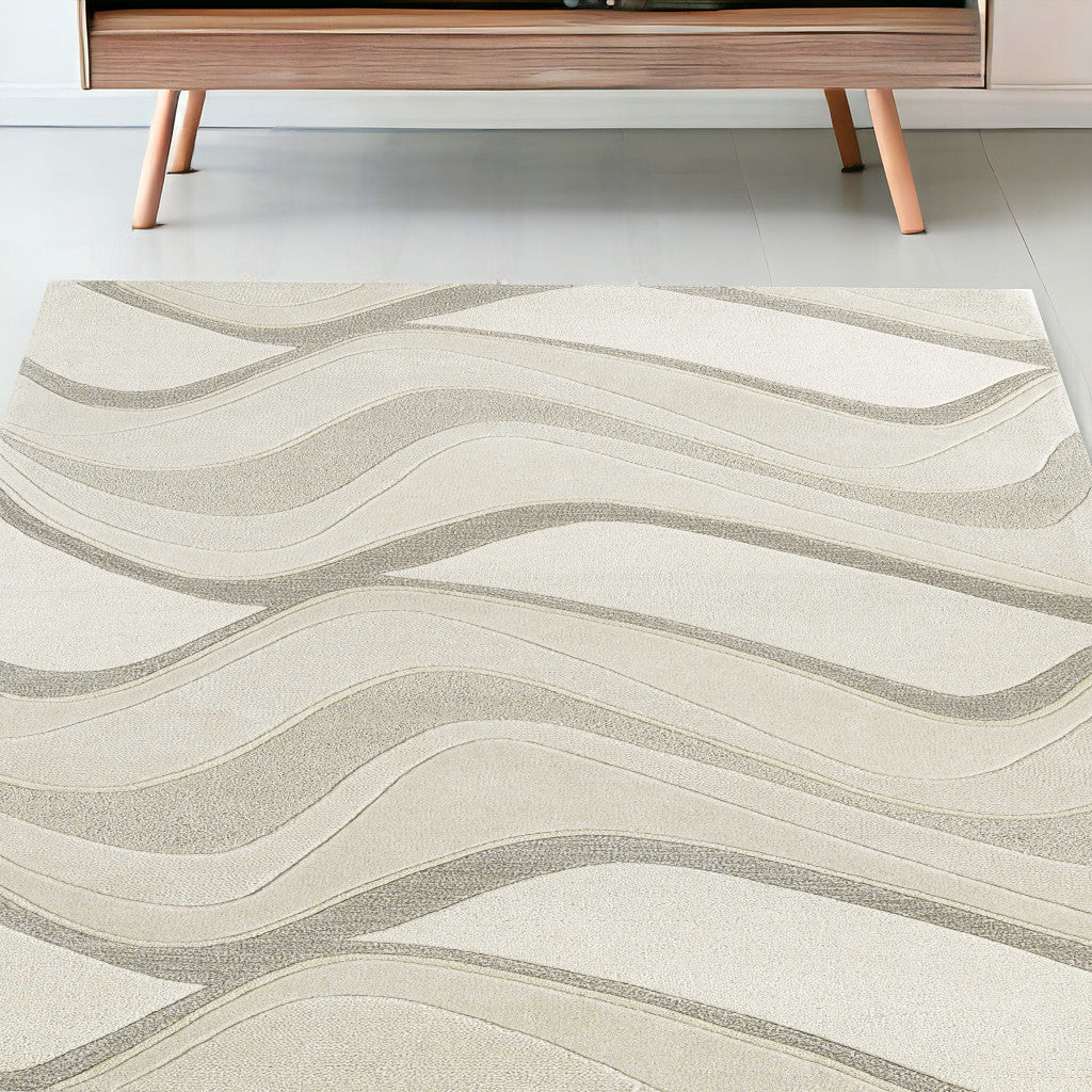 2' X 7' Ivory Abstract Waves Wool Runner Rug