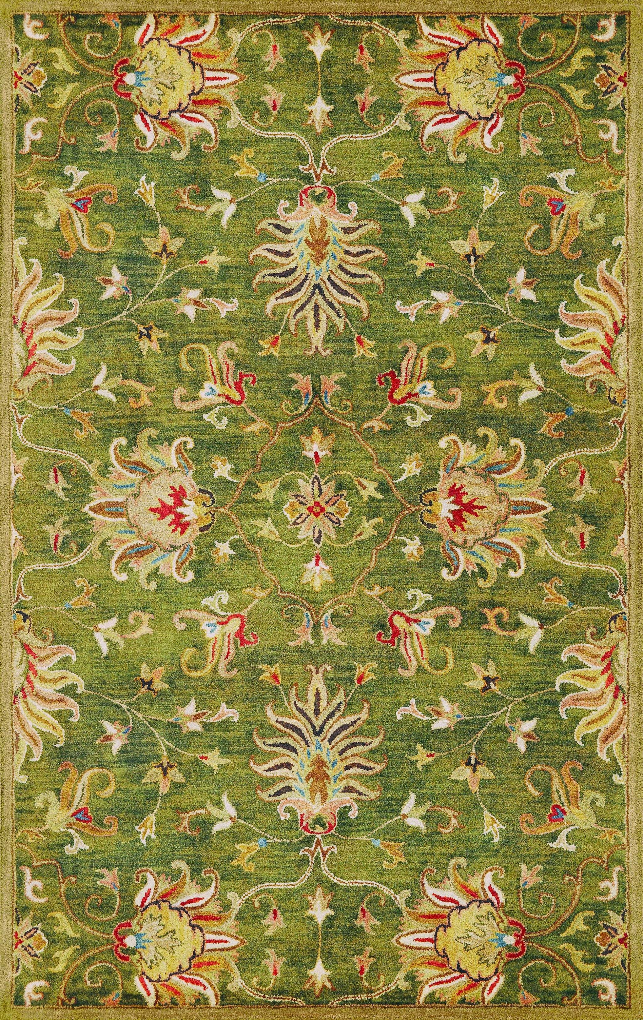 5' x 8' Green and Red Wool Floral Vines Hand Tufted Area Rug