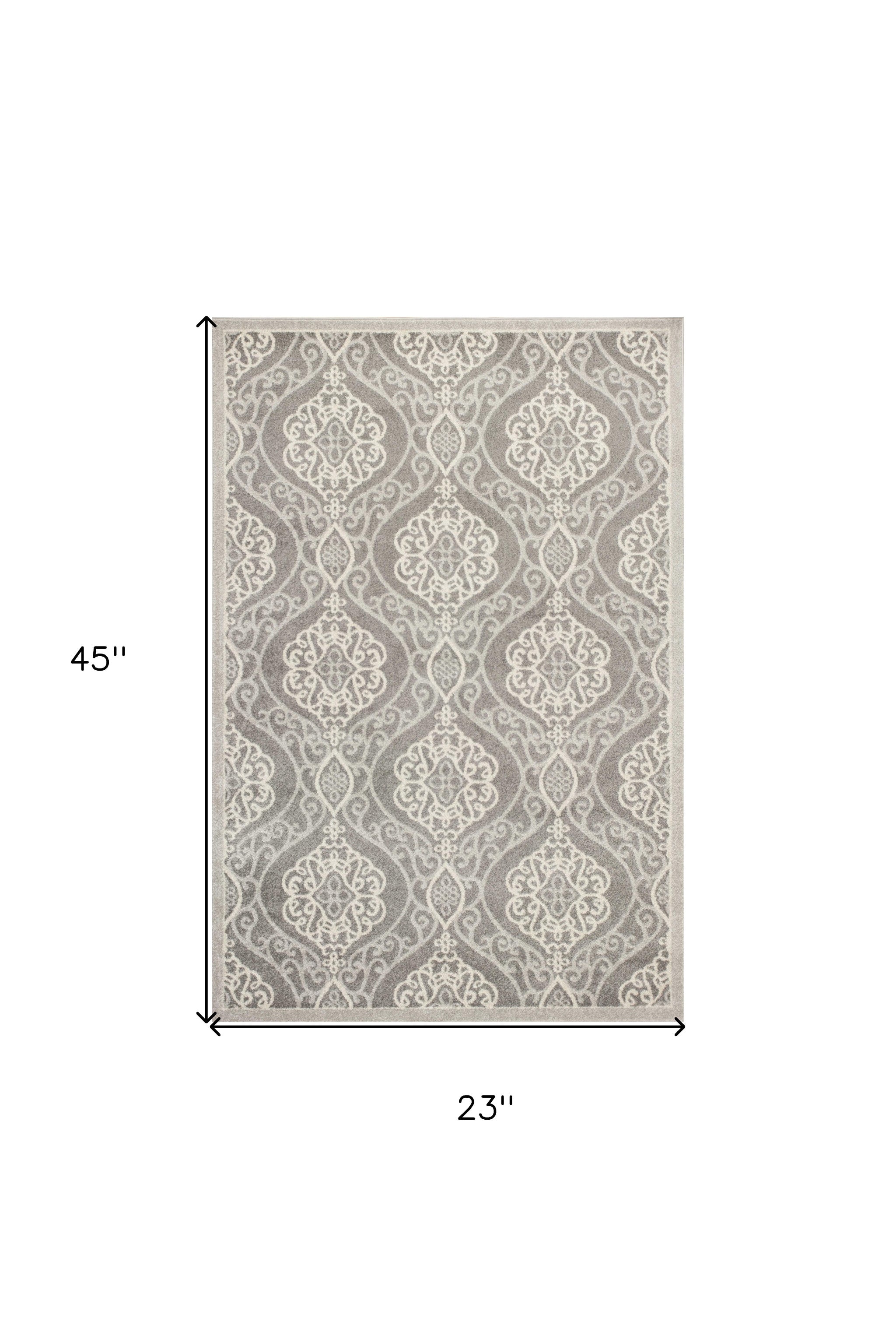 5'X8' Silver Machine Woven Uv Treated Floral Ogee Indoor Outdoor Area Rug