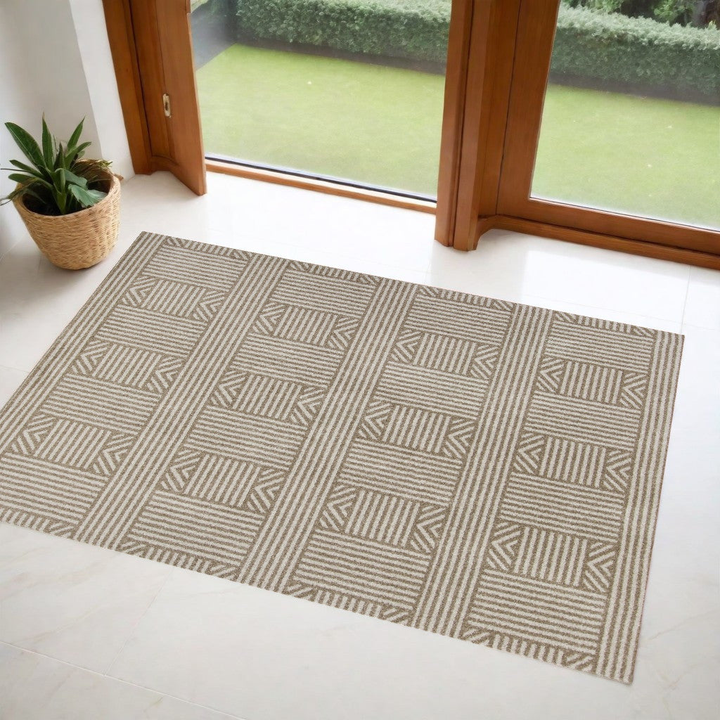 7' x 9' Beige and Ivory Geometric Indoor Outdoor Area Rug