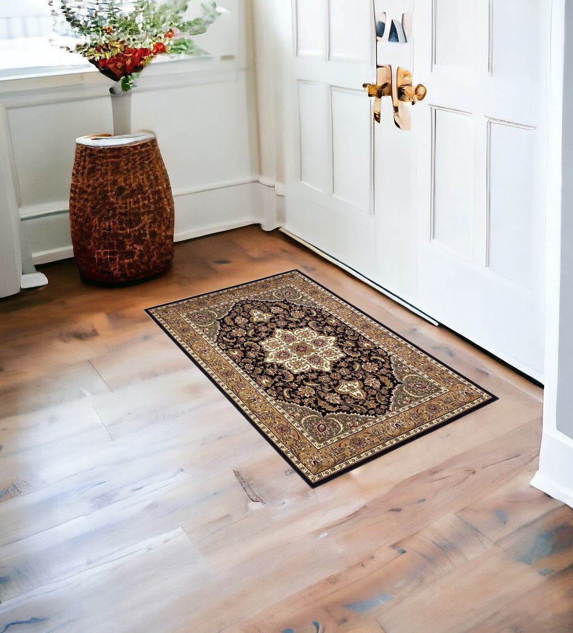 2' X 3' Beige And Black Floral Medallion Area Rug