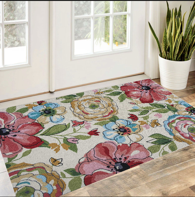 5'X8' Sand Beige Hand Hooked Oversized Floral Indoor Area Rug