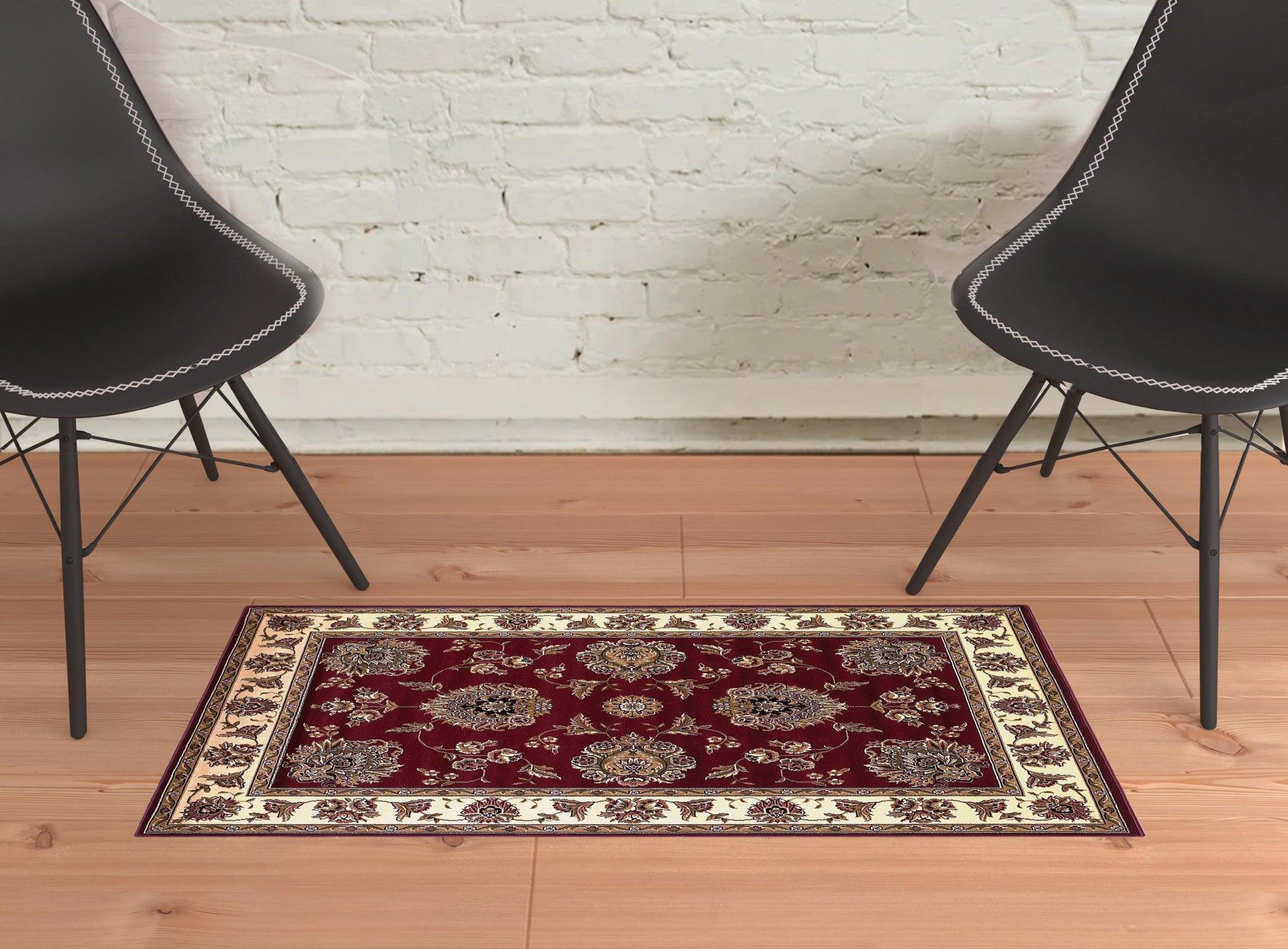 Red And Ivory Octagon Floral Vines Area Rug