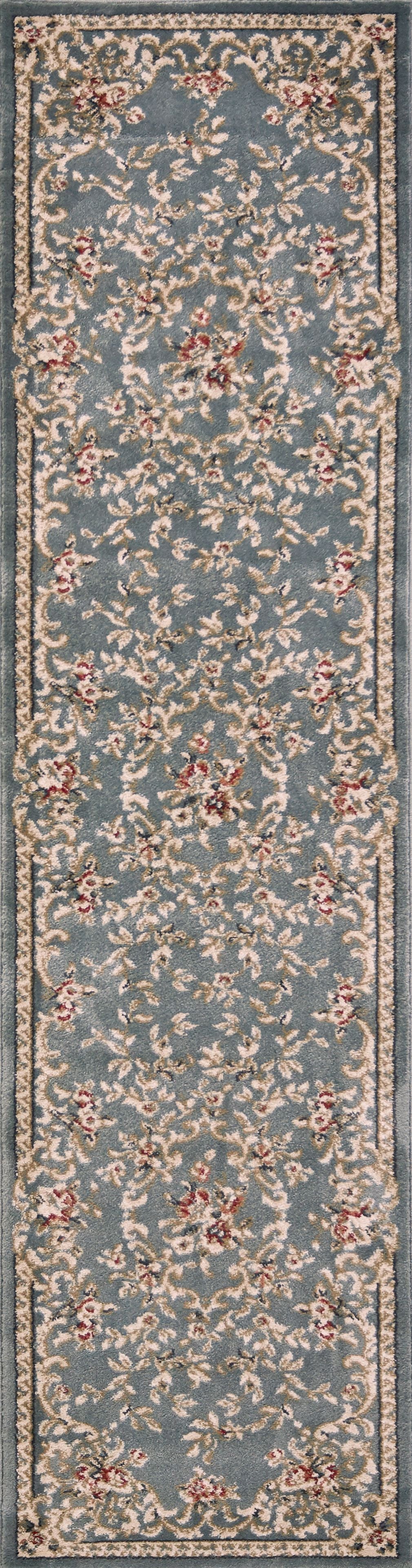 8' Slate Blue Bordered Floral Indoor Runner Rug