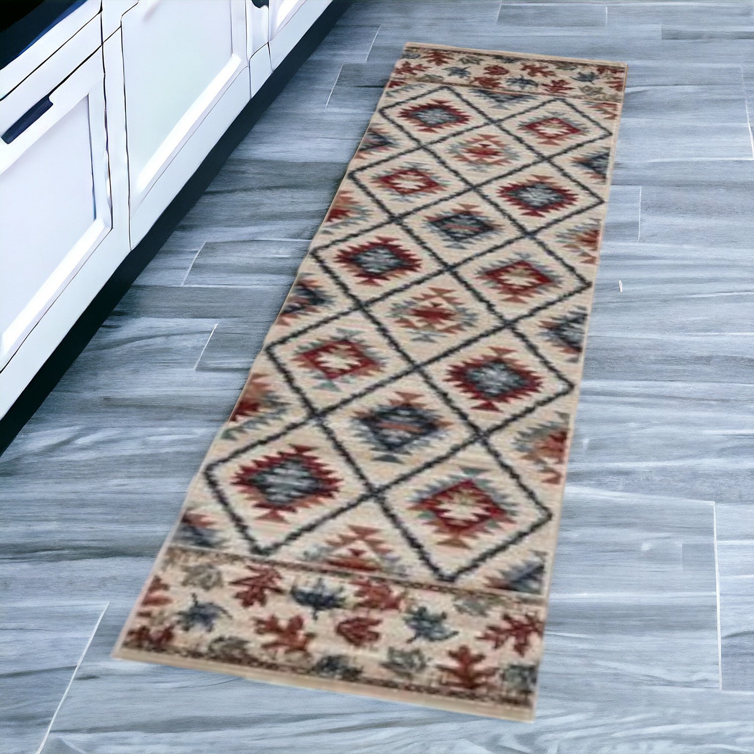 8' Ivory Machine Woven Geometric Lodge Indoor Runner Rug