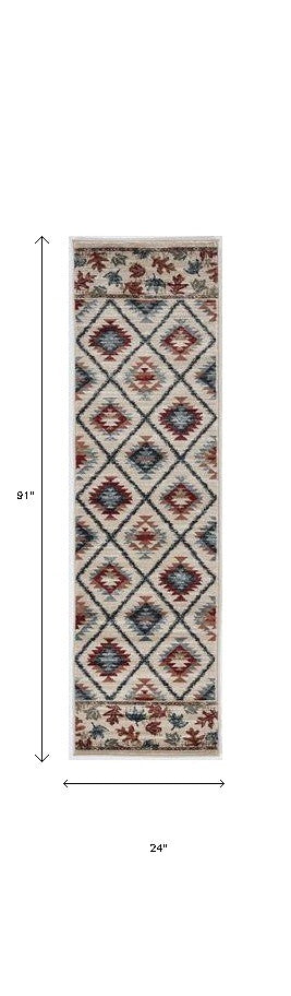 8' Ivory Machine Woven Geometric Lodge Indoor Runner Rug