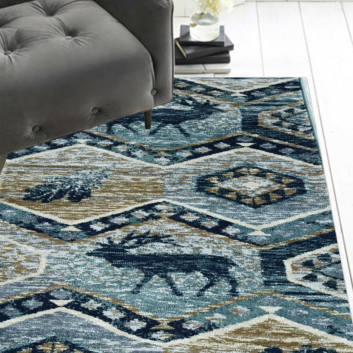 8' Blue And Green Round Geometric Area Rug