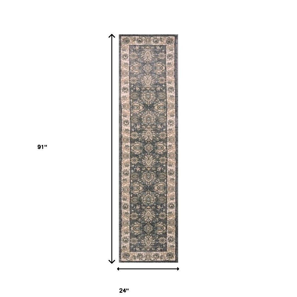 8' Gray And Ivory Round Floral Area Rug