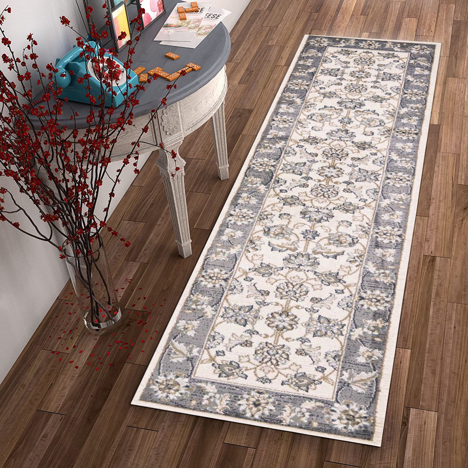 9'X12' Ivory Grey Bordered Floral Indoor Area Rug