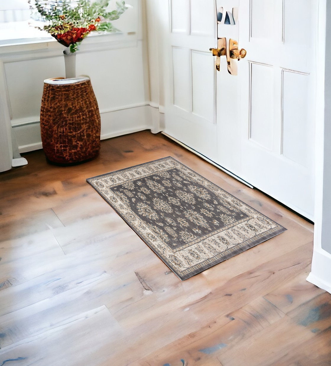 8' Gray And Ivory Round Floral Area Rug