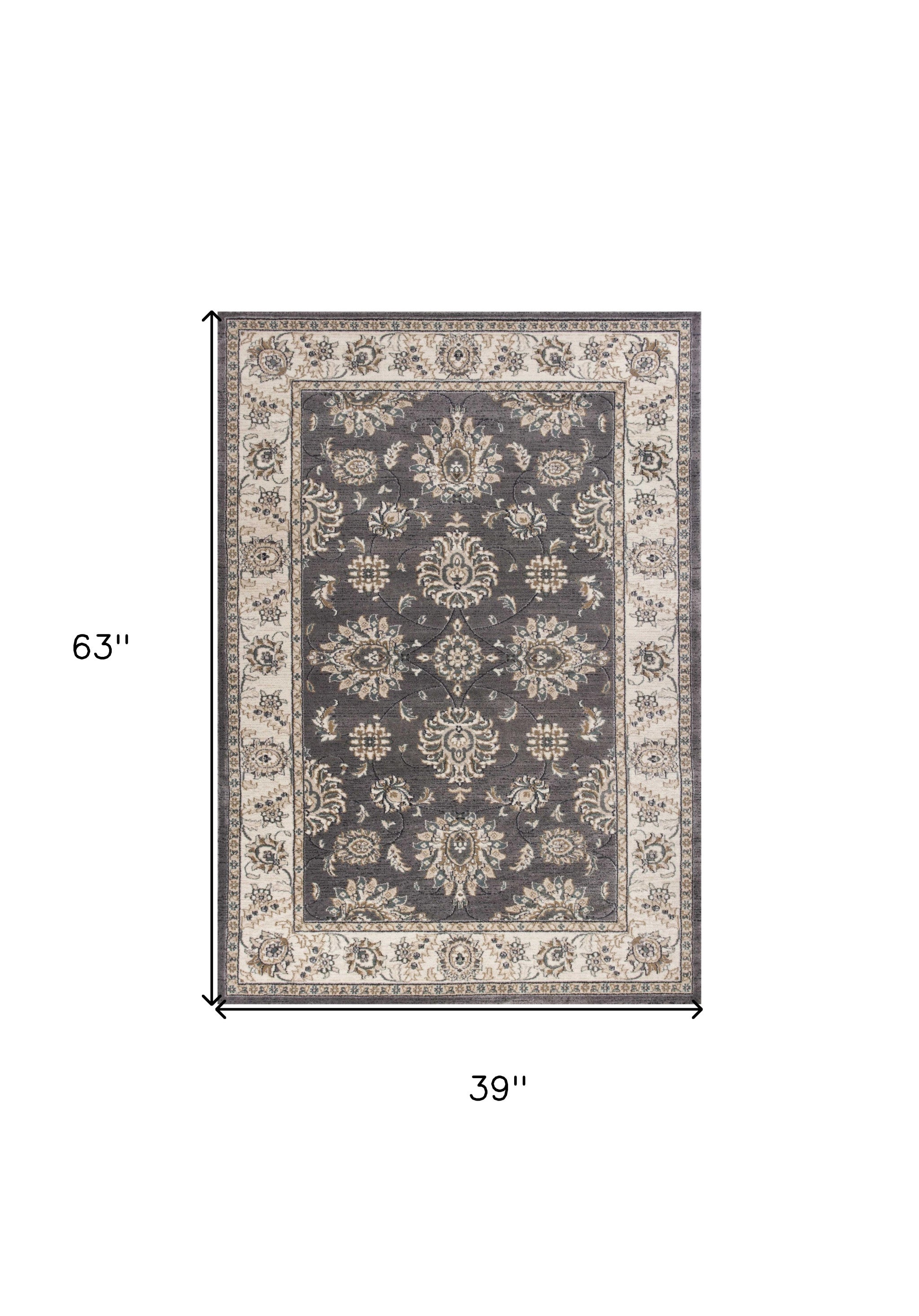 5' X 8' Grey Or Ivory Floral Vines Bordered Area Rug