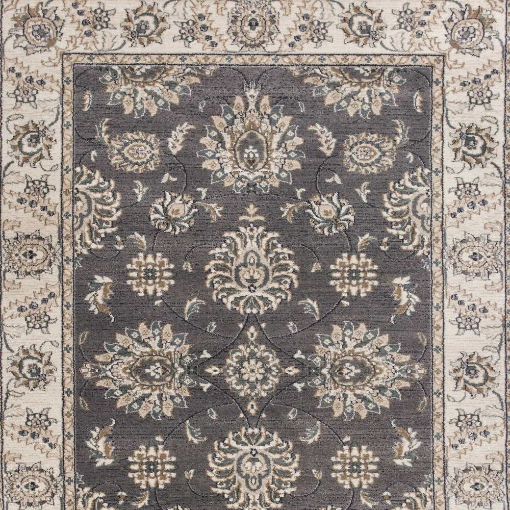 8' Gray And Ivory Round Floral Area Rug