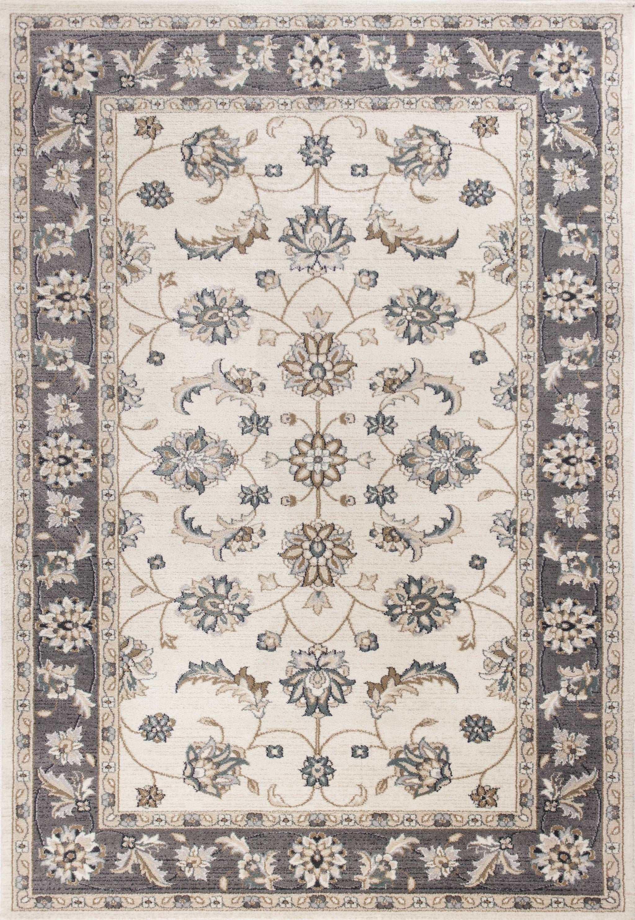 9'X12' Ivory Grey Bordered Floral Indoor Area Rug