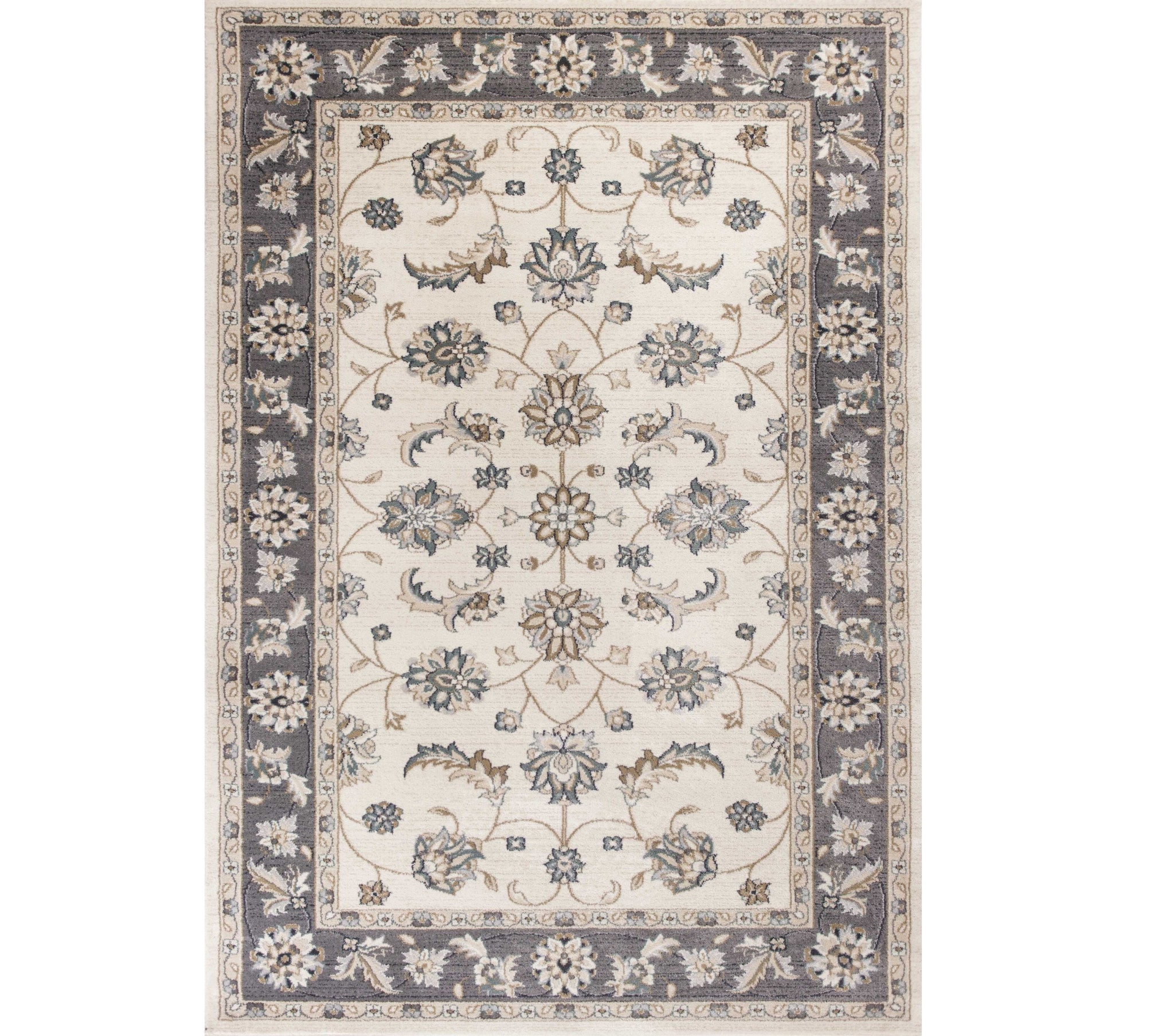 9'X12' Ivory Grey Bordered Floral Indoor Area Rug