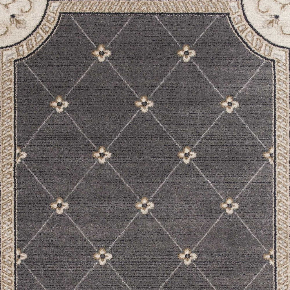 8' Grey Ivory Bordered Floral Indoor Runner Rug