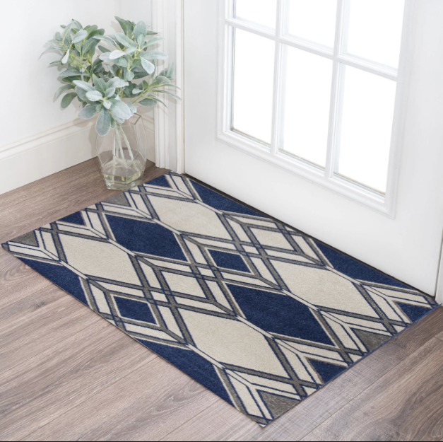 5' X 8' Ivory Or Denim Geometric Diamond Uv Treated Area Rug