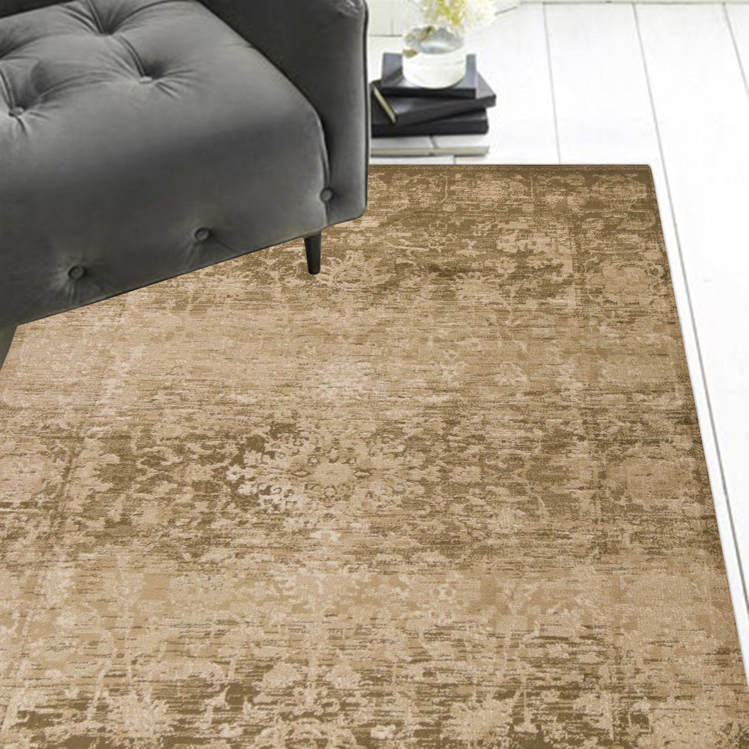 5'X8' Beige Machine Woven Distressed Floral Traditional Indoor Area Rug