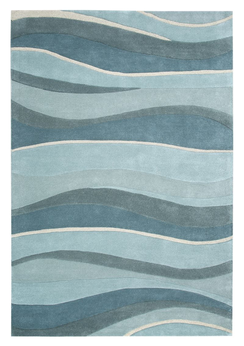 5' x 8' Aquamarine Abstract Waves Hand Tufted Wool Area Rug