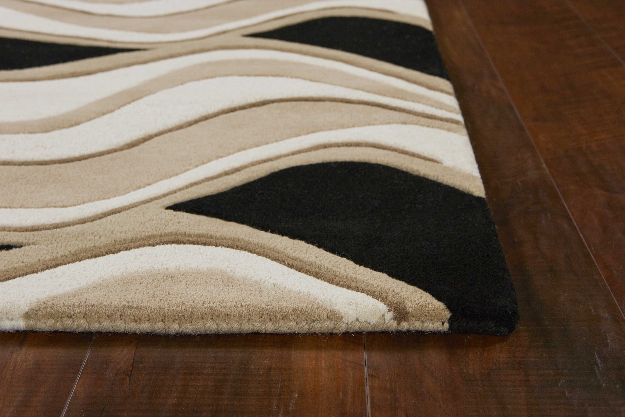 3' X 5' Black Or Beige Abstract Waves Wool Area Rug