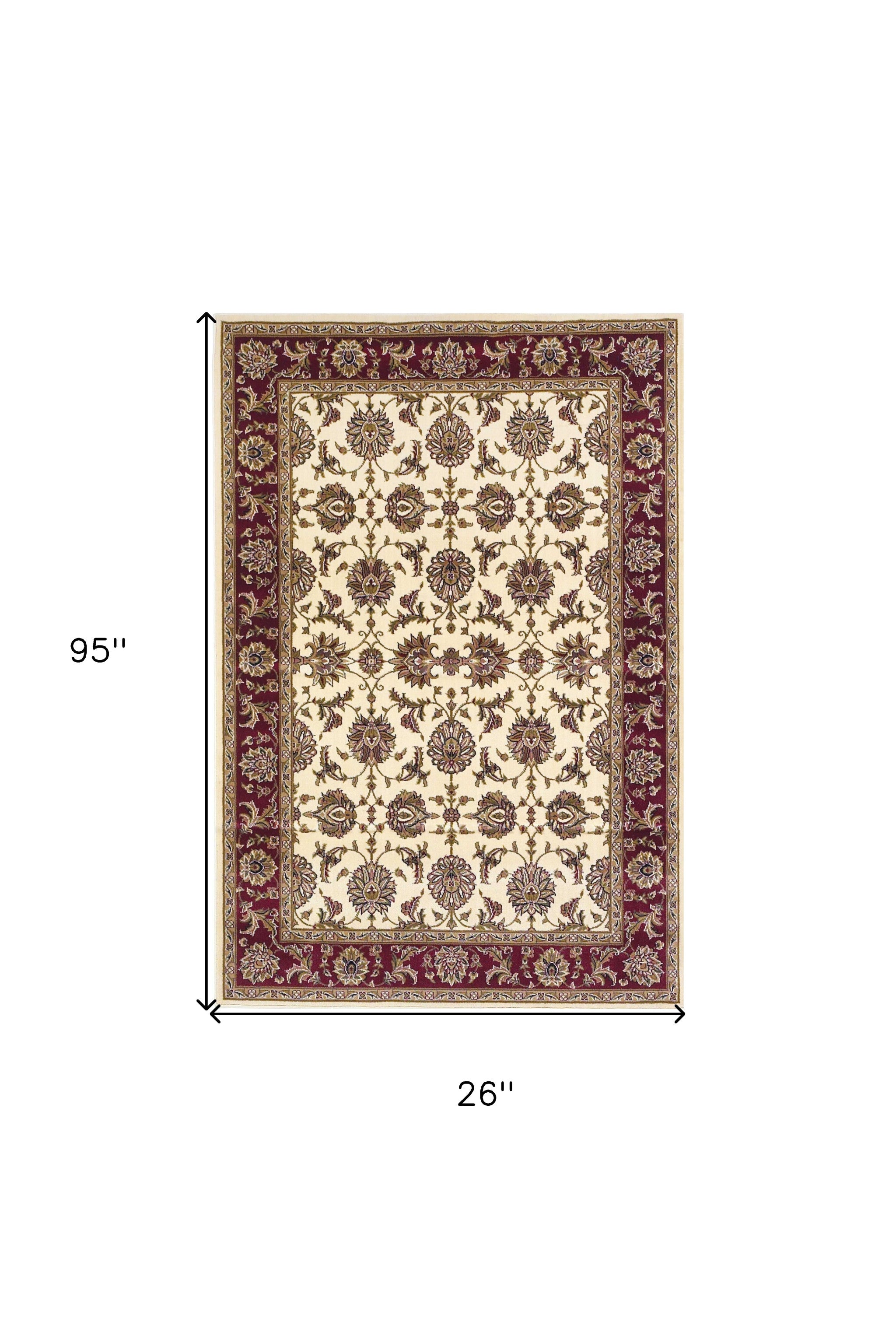 8' Ivory And Red Octagon Floral Vines Area Rug